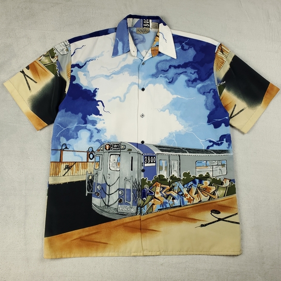 Vintage Up Ros Button Shirt Mens Large 90s Hip Hop Graffiti NYC Train Rap Camp - Picture 12 of 12